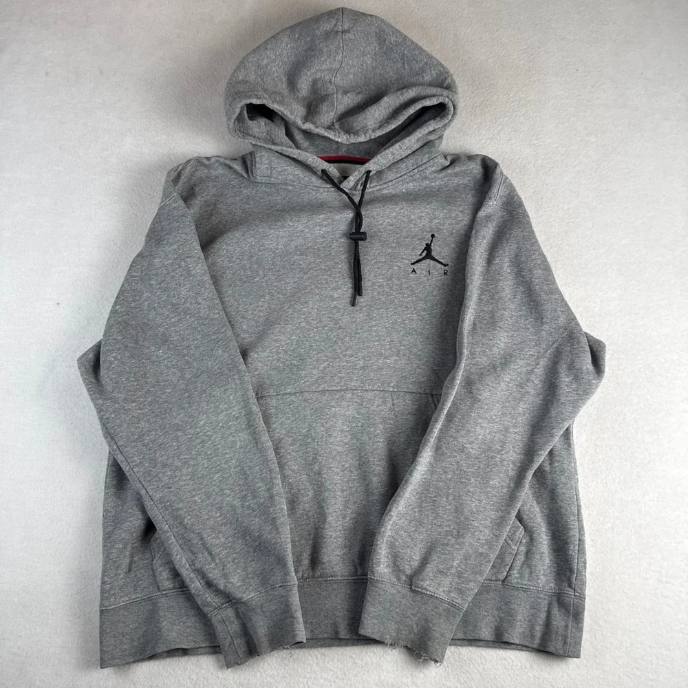 Jordan Air Mens Pullover Hoodie Gray Jumpman Logo Sweatshirt Large Distressed